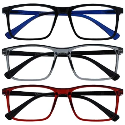 Abbildung von OPULIZE Ink Lesebrille 3er Pack Großer Rechteckiger Rahmen Kratzfest Schwarze Grau Rot Herren Damen Federscharniere RRR4 17Z +1.50