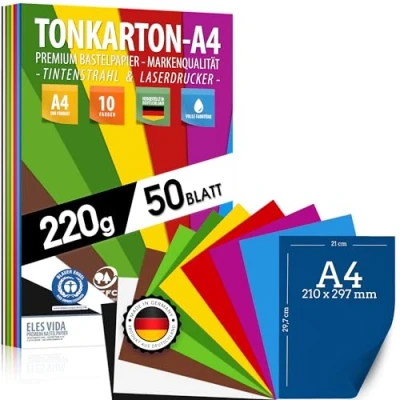 Abbildung von TONKARTON A4 50 Blatt 220g/m² stark 10 Bunt Farben Set Karton Pappe, Farbige Blätter für Schule, Hobby, DIY Bogen, Basteln Zubehör Fotoalben BLAUER ENGEL &amp; PEFC zertifiziert MADE IN GERMANY