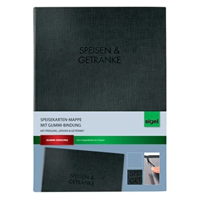 Abbildung von SIGEL SM111 Speisekarten Mappe mit Gummi Bindung für A4, schwarz eleganter Leinenstruktur und edler Blindprägung &quot;Speisen Getränke&quot;, strapazierfähig leicht abwischbar
