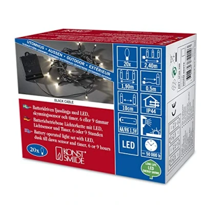 Abbildung von Konstsmide 3722 100 LED Lichterkette / für Außen (IP44) Batteriebetrieben: 4xAA 1.5V (exkl.) mit Lichtsensor, 6h und 9h Timer 20 Dioden schwarzes Kabel, Warmweiß