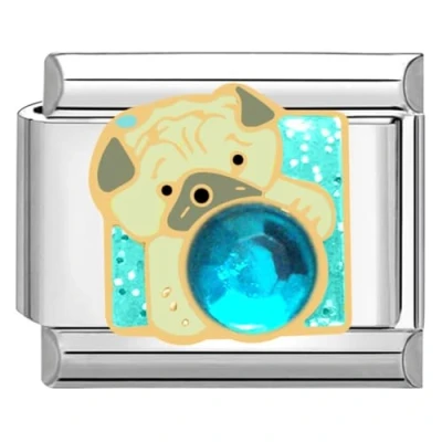 Abbildung von Quiges 9mm Italian Style Charm Modell Edelstahl Hund mit Blub Stein für Italien Armbänder