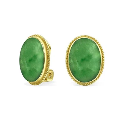 Abbildung von 7Ct Oval Cabochon Gefärbte Grüne Jade Seil Kabel Lünette 14K Gold Vergoldet .925 Sterling Silber Clip Auf Ohrringe Für Frauen Nur Legierung Ist