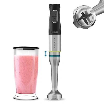 Abbildung von Cecotec Stabmixer Katana TotalDestroy 1500XL DK. 1500 W, 21 Geschwindigkeiten und Turbo, 4 Klingen mit schwarzem Titan, Spritzschutzhaube, extra langer Fuß, 800 ml Glas, Deckel.