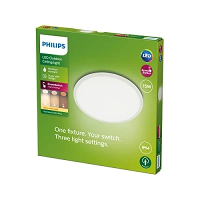 Abbildung von PHILIPS Outdoor LED Deckenleuchte Superslim, weiß, 15W, warmweißes Licht 2.700K, 3 Lichteinstellungen, IP54 Schutzklasse