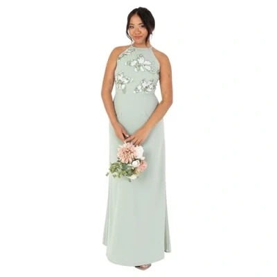 Abbildung von Maya Deluxe Damen Women&#039;s Maxi Dress Ladies Sleeveless Halterneck Floral Sequin Embellished A line for Wedding Guest Evening Ball Gown Kleid, Green Lily, 48