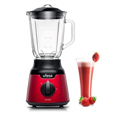 Abbildung von Ufesa Standmixer BS4100 Amber Red, Glasbehälter 0,8L, Impuls /Eis Crush Funktion, 2 Geschwindigkeiten + Pulse, 4 Edelstahlklingen, 900 W, hermetischer Verschluss, BPA frei, Red Inox, Amazon Exklusiv