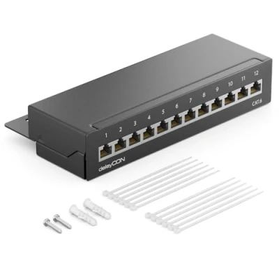 Abbildung von deleyCON CAT 6 Patchpanel Verteilerfeld 12 Port Desktop &amp; Wandmontage Geschirmt 12x RJ45 Buchse TIA568A TIA568B Schwarz