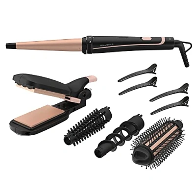 Abbildung von Rowenta CF4231 Infinite Looks 14 in 1 Multistyler Keramikbeschichtung kühle Spitze Inklusive Stylingaufsätze (Haarglätter/Kreppeisen/Lockenstab/Warmluftbürste) und Zubehör Schwarz/Kupfer
