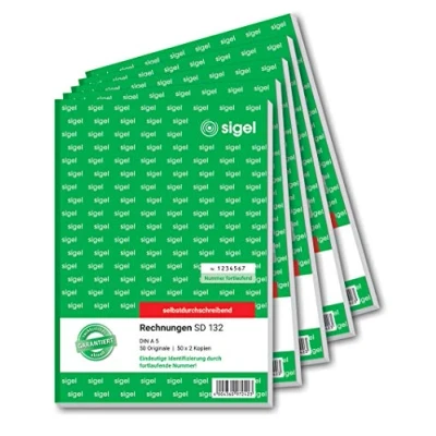 Abbildung von SIGEL SD132/5 Rechnungen fortlaufend nummeriert, eindeutige 7stellige Nummer wie vom Finanzamt vorgeschrieben, A5, 3x50 Blatt, selbstdurchschreibend, 5 Stück, mit Abheftlochung