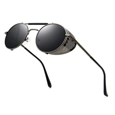 Abbildung von RONSOU Steampunk Stil Rund Vintage Sonnenbrillen Retro Brillen UV400 Schutz Metall Rahmen grau rahmen/grau linse