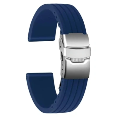 Abbildung von ULLCHRO Unisex Kautschuk Armband mit Edelstahl Silber Faltschließe 22mm Blau