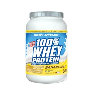 Abbildung von Body Attack 100% Whey Protein Banana Milk, 900 g Made in Germany Extra cremiges Eiweißpulver mit Hydrolysat &amp; BCAA&#039;s, unterstützt Muskelaufbau und Diäten Für Sportler Athleten