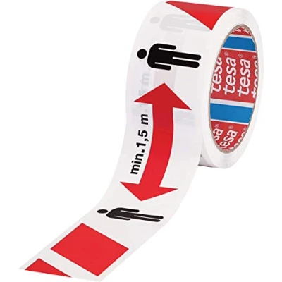 Abbildung von Social Distancing Tape Markierungsband zum Abstand halten 1,5 m Sicherheitsabstand markieren selbstklebend, für Innen und Außen Weiß Rot 50 x mm, Weiß, 50m 50mm