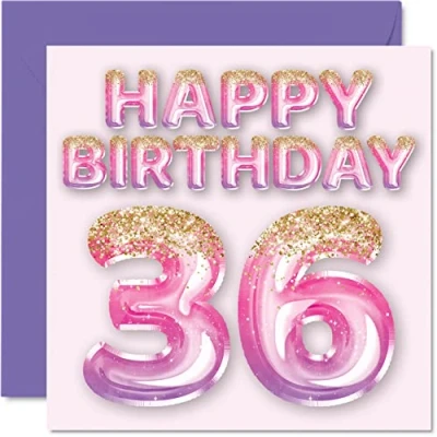 Abbildung von Geburtstagskarte zum 36. Geburtstag für Frauen rosa und lila Glitzerballons Happy Karten 36 Jahre alte Frau Freund Schwester Mama Tante 145 mm dreißig sechzig Grußkarten Geschenk