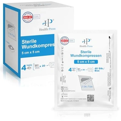 Abbildung von Health Press® Sterile Kompressen 5x5 cm 40 Wundkompressen im Set (20x2 Stück) Verbandsmaterial für Wundversorgung Mullkompressen 4 lagig Wundauflagen Steril Verband Dermatologisch Getestet