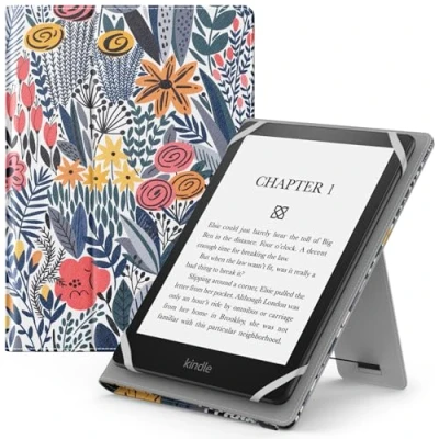 Abbildung von MoKo Universal Hülle für 6 6,8 7 Zoll Schutzhülle mit Handschlaufe &amp; Verstellbarem Ständer Kobo Clara 2E/Fire Tablet/Kindle/Kobo/Voyaga/Lenovo/Sony Kindle eBooks E Reader Tablet,Blaue Blattröschen