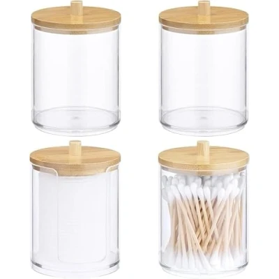 Abbildung von Navaris 4x Aufbewahrung für Wattestäbchen stapelbar Badezimmer Organizer Behälter Wattepads Bad Spender Halter Box 4 Stück im Set Bambus Kunststoff