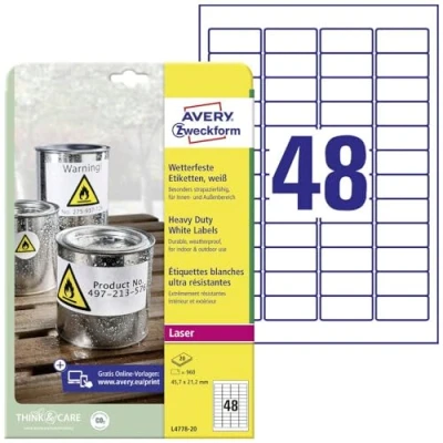 Abbildung von AVERY Zweckform L4778 20 Wetterfeste Folienetiketten (960 Klebeetiketten, 45,7x21,2mm auf A4, extrem stark selbstklebend, wasserfest, strapazierfähig, bedruckbare Outdoor Klebefolie) Blatt, weiß