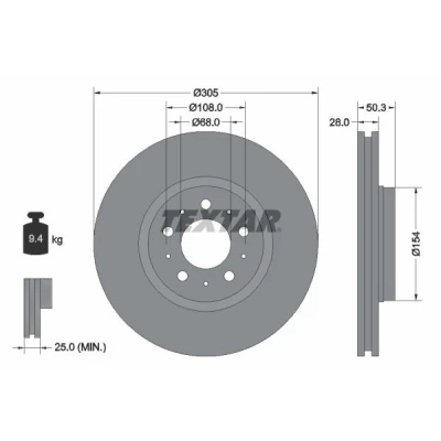 Abbildung von TEXTAR PRO 92100603 Bremsscheibe 305 28 05/10 108 außenbelüftet beschichtet ohne Radbefestigungsbolzen, Radnabe VOLVO: S60 I, V70 2, S80 I
