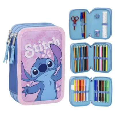 Abbildung von CERDÁ LIFE&#039;S LITTLE MOMENTS Stitch Schulmäppchen für Kinder, Rosa, Reißverschluss, 12,5 x 6,5 19,5 cm, Dreifachfach, inklusive Zubehör, Originalprodukt, entworfen in Spanien, Federmäppchen