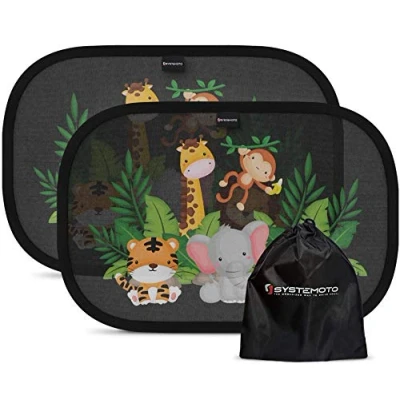 Abbildung von Systemoto Auto Sonnenschutz Baby mit UV Schutz (2er Set) Autofenster für Personenkraftwagen, Kinder süßen Tier Motiven (Wild Life)