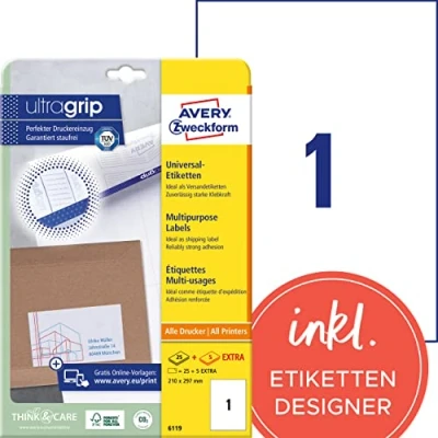 Abbildung von AVERY Zweckform 6119 Universal Etiketten (25 plus 5 Klebeetiketten extra, 210x297mm auf A4, Papier matt, bedruckbare Versandetiketten, selbstklebende Versandaufkleber mit ultragrip) 30 Blatt, weiß