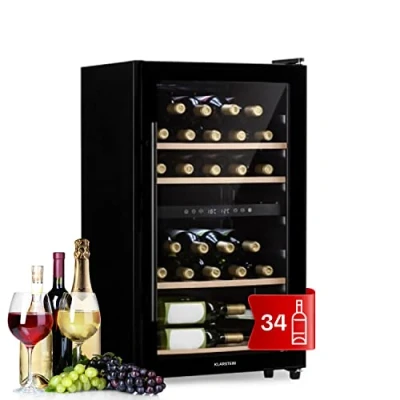 Abbildung von Klarstein Weinkühlschrank, Getränkekühlschrank Schmal, 2 Zonen Kühlschrank mit Glastür, Getränkekühlschränke Freistehend, Weinkühlschrank Klein, Weinkühlschränke UV Schutz, 5 18C, 34 Flaschen