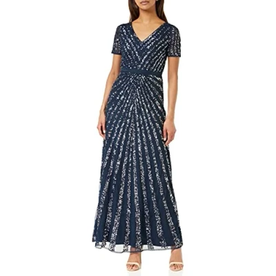Abbildung von Maya Deluxe Damen Maxi Womens Ladies Embellished Sequin Dress Long Short Sleeve V Neck High Empire Waist A Cut Shiny Prom Wedding Brautjungfernkleid, Navy,