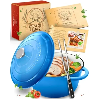 Abbildung von KRUSTENZAUBER Gusseisen Topf [inkl. Fleischgabel] 26cm Schmortopf backofengeeignet Idealer Bräter mit Deckel Backofengeeignet, Kochtopf Induktion, Emaille, Bratentopf Cast Iron