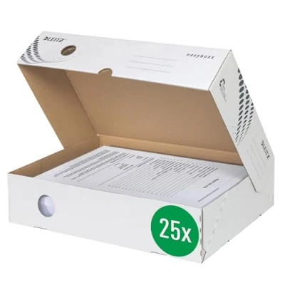 Abbildung von Leitz easyboxx Archiv Klappschachtel, 80 mm Rückenbreite, Aktenkarton A4, Boxen zur Aufbewahrung mit Deckel an der Oberseite, Lagerbox geometrischem Design, 25 Stück, Weiß/Grau, 61340000