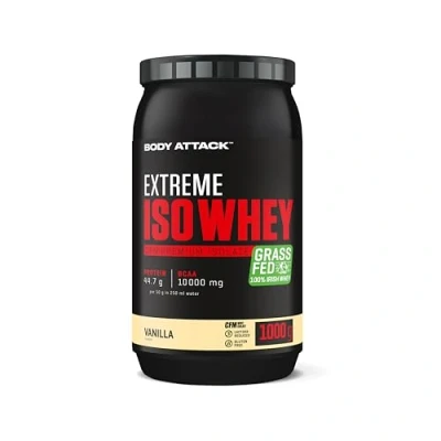 Abbildung von Body Attack Extreme Iso Whey, Vanilla, 1 kg, CFM Whey Protein Isolat aus 100% irischer Weidemilch, glutenfrei, reich an EAAs, perfekt löslich, fettarm, ohne Aspartam, 90,6% Anteil