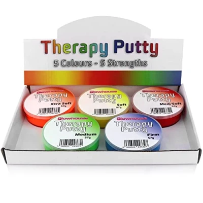 Abbildung von Therapeutische Knete, Premium Set, 5 Stück, quetschbar, ungiftig, für Handübungen, Anti Stress, Stärken Erwachsene und Kinder, 57 g, farbkodierte Behälter