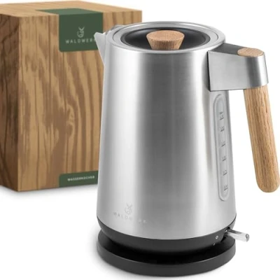 Abbildung von WALDWERK Design Wasserkocher 3000 Watt 1,7L Edelstahl mit echten Eichenholz Griffen und rostfreiem 304