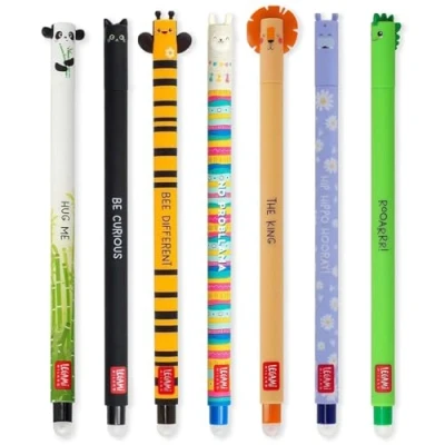 Abbildung von LEGAMI Set mit 7 radierbaren Gelstiften thermoempfindlicher Radiertinte, verschiedene Tintenfarben und Schaftdesigns, 0,7 mm Spitze, Panda, Katze, Biene, Lama, Löwe, Nilpferd Dino Designs