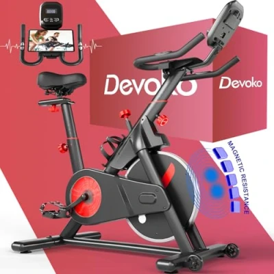 Abbildung von Devoko Heimtrainer Fahrrad Profi Leises Hometrainer mit magnetischem Widerstand Indoor LCD Monitor Idoor Bike weichem Sitzbezug 150kg,Rot