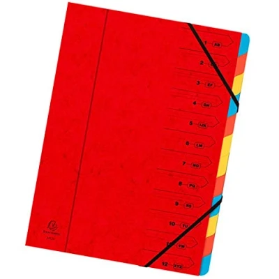 Abbildung von Exacompta 54125E Premium Ordnungsmappe geheftet. Aus extra starkem Colorspan Karton DIN A4 12 vollfarbige bunte Fächer und 2 Gummizüge mit Organisationsdruck Ringmappe Register Mappe rot
