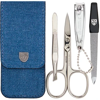 Abbildung von DREI SCHWERTER 4 tlg. Nagelpflegeset &#039;Capri&#039; Hochwertiges Nageletui für Maniküre und Pediküre. Farbe: Textilstoff Jeans Optik Inhalt: Nagelschere, Nagelknipser, Pinzette, Saphirnagelfeile