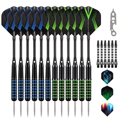 Abbildung von Grebarley Dartpfeile mit Metallspitze,6 Stück 20 Gramm und 6 22 Gramm,Profi Steeldarts 18 Aluminium Schaft 9 Flights Orings