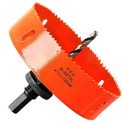 Abbildung von Lochsäge 125mm, Schnellarbeitsstahl HSS M42 Bi Metall Lochsäge, Lochfräser mit Sechskant Schaft und Bohrer für Holz, Trockenbau Metallblech 1 Stück Orangeø125mm