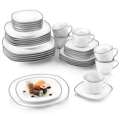 Abbildung von SÄNGER Kombiservice Bilgola Black Rim 36 tlg, Porzellan Geschirrset 6 Personen spülmaschinenfest, Tellern &amp; Kaffeeservice, Geschirr Weiß mit Schwarzen Akzenten PREMIUM COLLECTION