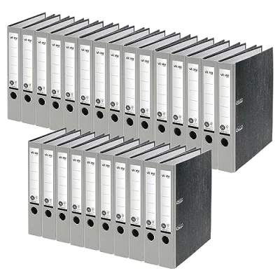 Abbildung von VON Leitz Ordner A4, 25er Pack, 100 % Recyclingpapier, 50 mm Rückenbreite, Für 350 Blatt, Blauer Engel &amp; FSC zertifiziert, Schule, Studium Zuhause, Grau, 10540085