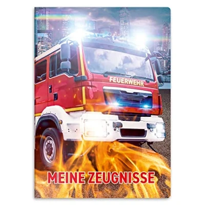 Abbildung von itenga Zeugnismappe mit Motiv DIN A4 stabile Dokumentenmappe Sichtbuch für Zeugnisse 20 Hüllen Kinder Jugendliche Schüler Mädchen Jungen (Motiv Feuerwehr)