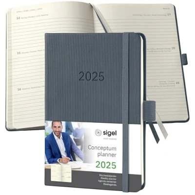 Abbildung von SIGEL C2567 Terminplaner Wochenkalender 2025, ca. A6, dunkelgrau, Hardcover, 176 Seiten, Gummiband, Stiftschlaufe, Archivtasche, aus nachhaltigem Papier, Conceptum