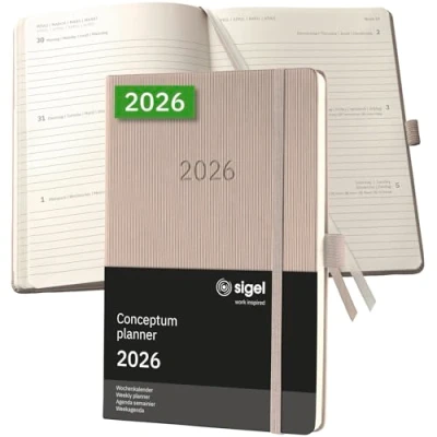 Abbildung von SIGEL C2660 Wochenplaner Wochenkalender 2026, ca. A5, taupe, Hardcover, 192 Seiten, Gummiband, Stiftschlaufe, Archivtasche, aus nachhaltigem Papier, Kalenderbuch Conceptum