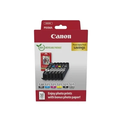 Abbildung von Canon PGI 530 / CLI 531 Original Tintenpatronen, 6er Pack (2 x Schwarz, Cyan, Magenta, Gelb, Grau), inklusive 50 Blatt 4x6 Fotopapier Kompatibel mit PIXMA TS8750 TS8751