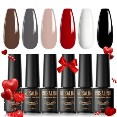 Abbildung von ROSALIND UV Nagellack, 6 Farben Mini Gel Nagellack Set Braun Nackt Rot Weiß Schwarz Shellac Soak Off Nail Polish French Manicure für Frauen Mutter Geschenkset DIY zu Hause