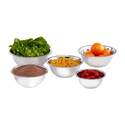 Abbildung von Relaxdays 10024739 Rührschüssel Set, 5 teilig, Edelstahl, Schüsselset zum Backen und Servieren, stapelbar, Salatschüssel, Silber, 9.5 x 26 cm