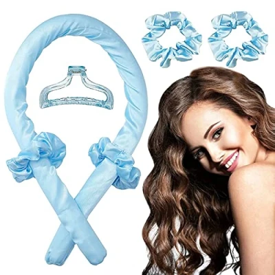Abbildung von Heatless Curls Band Lockenwickler über Nacht ohne Hitze für lange Haare Curler Haarband Weich zum Schlafen große Locken SET inkl. 2x Haargummi + 1x Haarklammer (Blau)