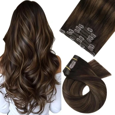Abbildung von Moresoo Clip in Extensions Braun Balayage Haarverlängerung Echthaar Ombre Dunkelbraun mit Mittelbraun Remy 120 gramm 45cm #2/6/2 Glatt 7 Tressen Doppelt
