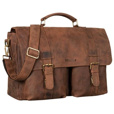 Abbildung von STILORD &#039;Zeus&#039; Große Leder Aktentasche Vintage Lehrertasche Businesstasche 15,6 Zoll Laptoptasche XL Umhängetasche Herren Damen Echtleder aufsteckbar, Farbe:aneto braun